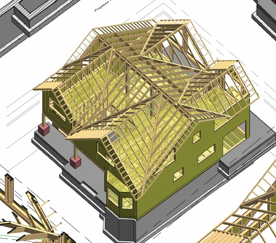 Detalle de la axonometría de la entrega final básica, con entramados de pared y estructura de cubierta de madera