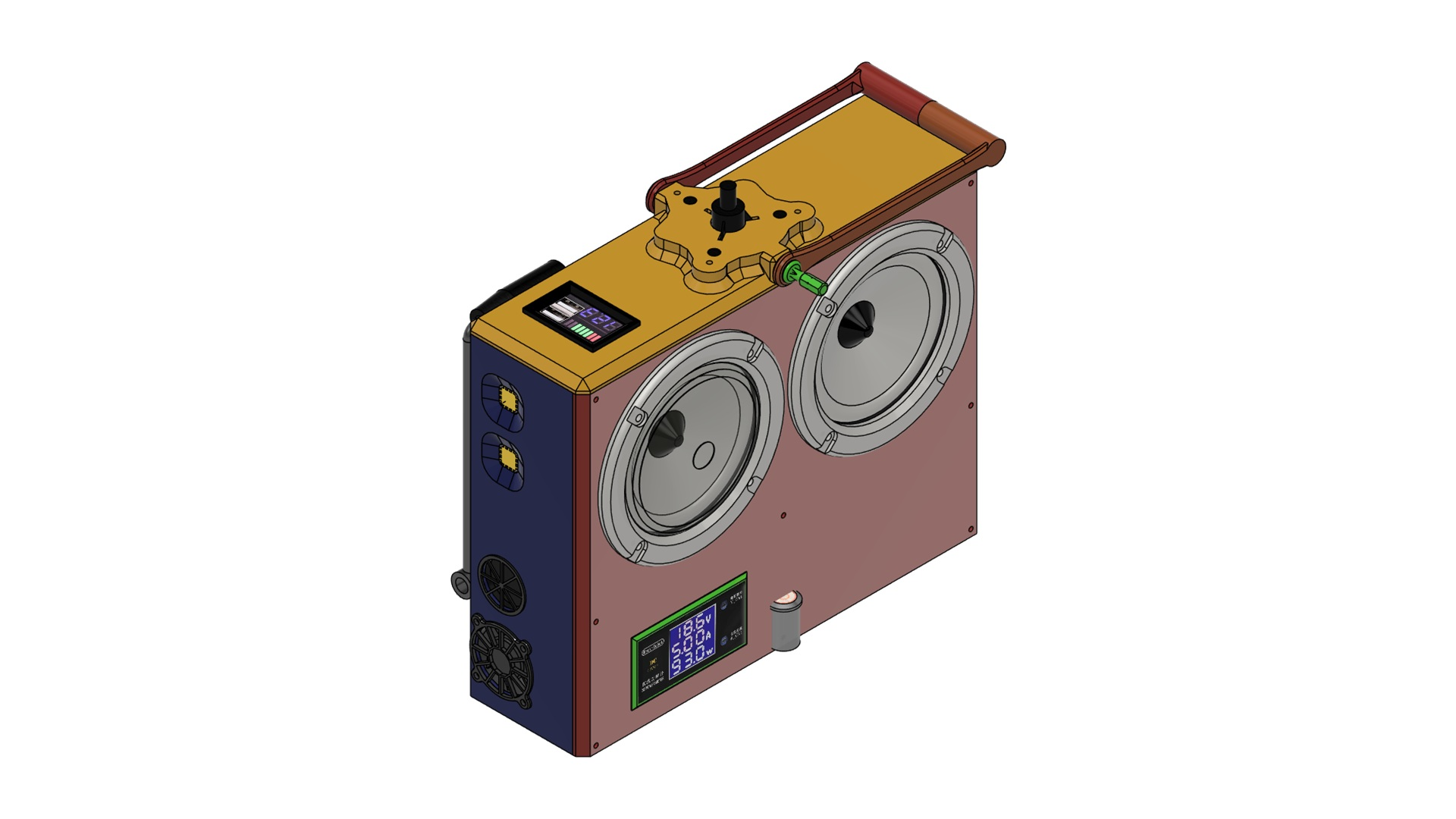 Modelo CAD de un casete portátil con dos altavoces y controles.