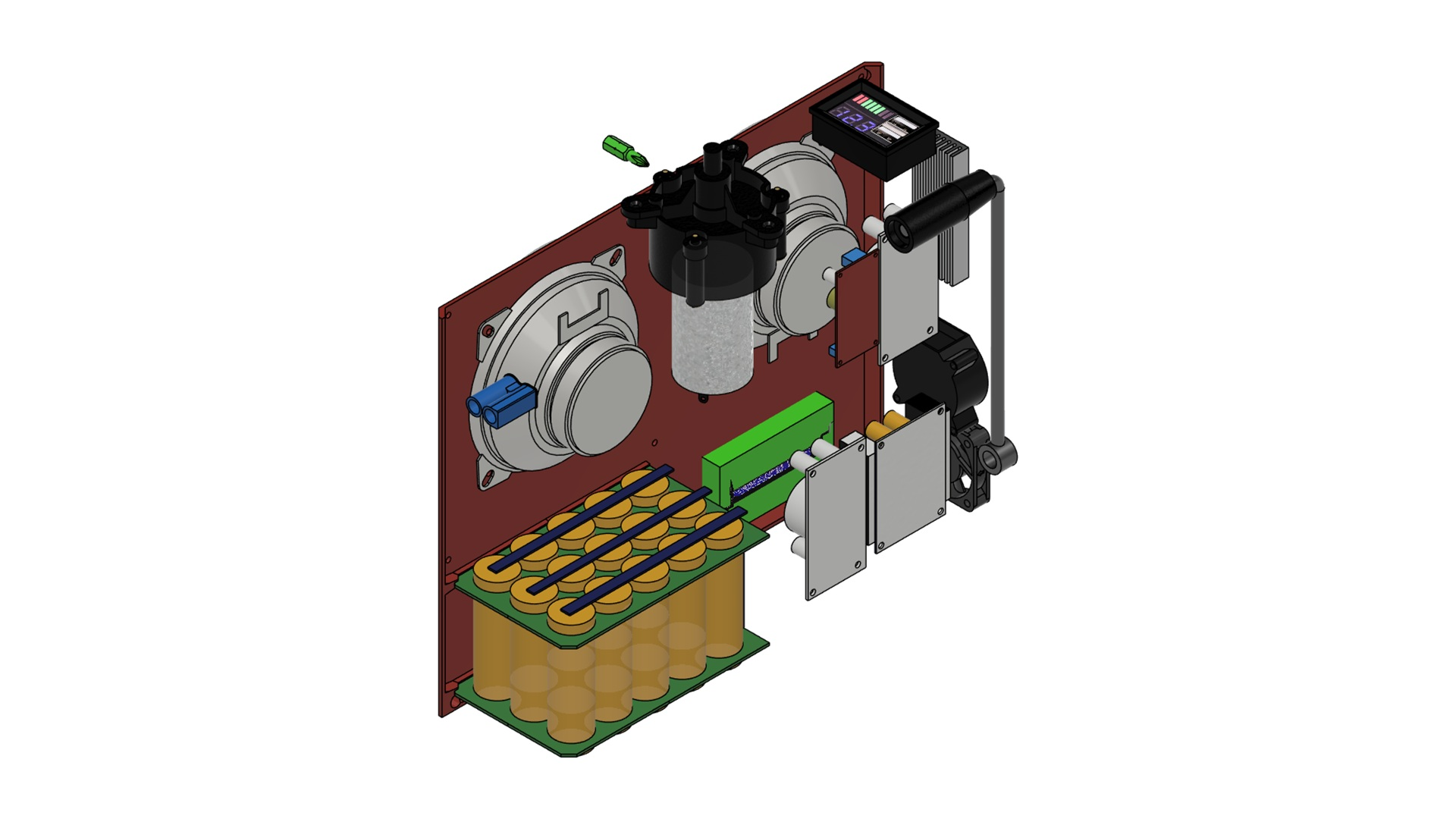 Interior posterior del casete con batería, motor y parte trasera de los altavoces.