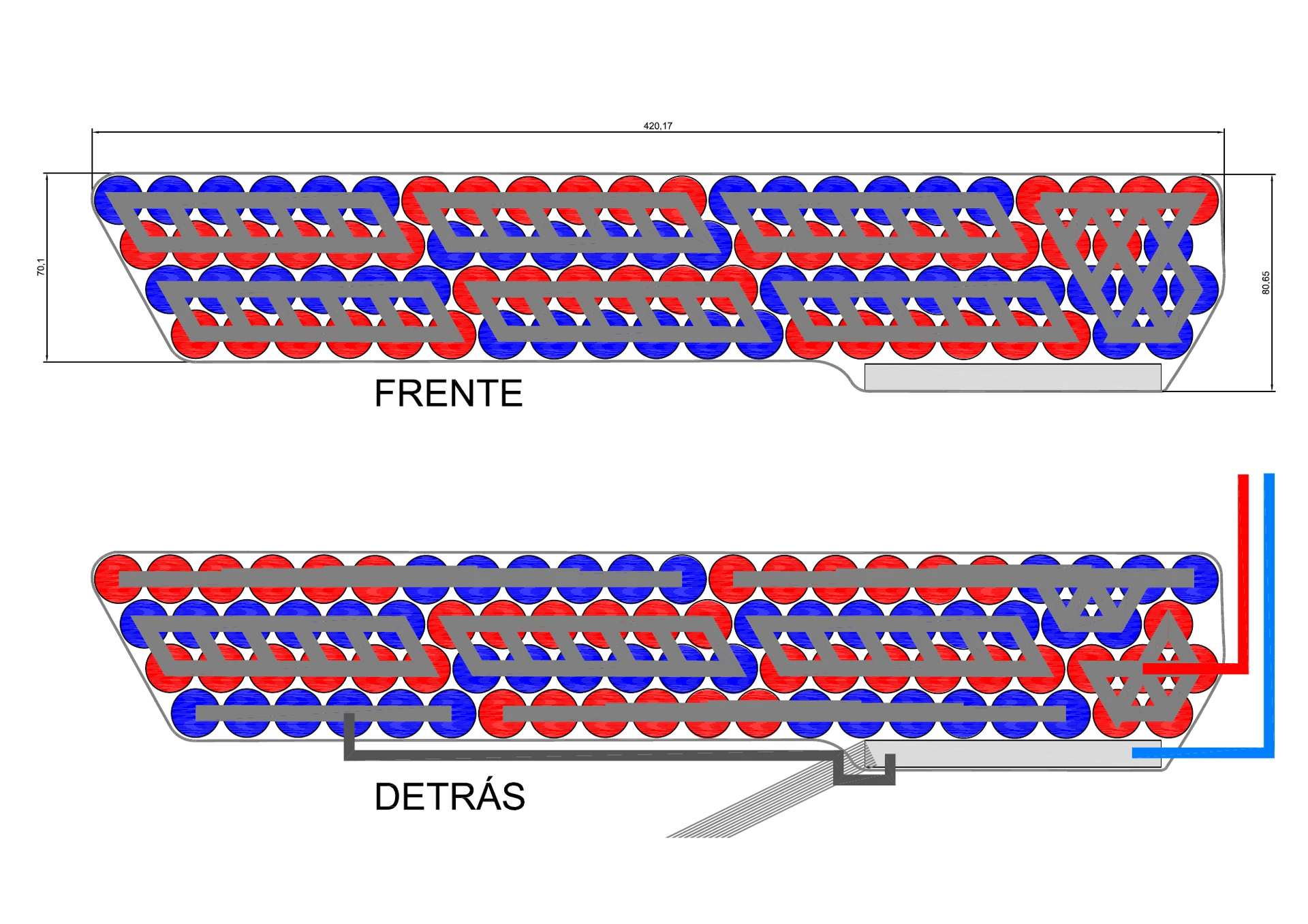 Plano de la batería con la disposición de las celdas y las conexiones de las caras delantera y trasera.