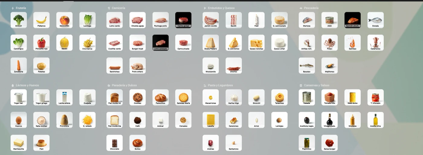 Lista de la compra de Home Assistant con tarjetas visuales de alimentos organizadas por categorías.