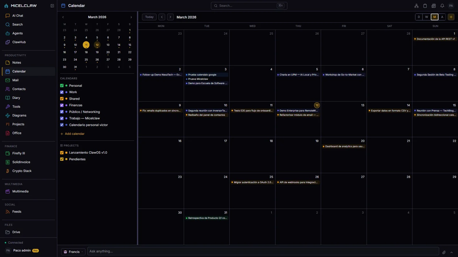 Vista mensual del calendario de MicelClaw publicada en la web oficial, con fuentes diferenciadas por color.