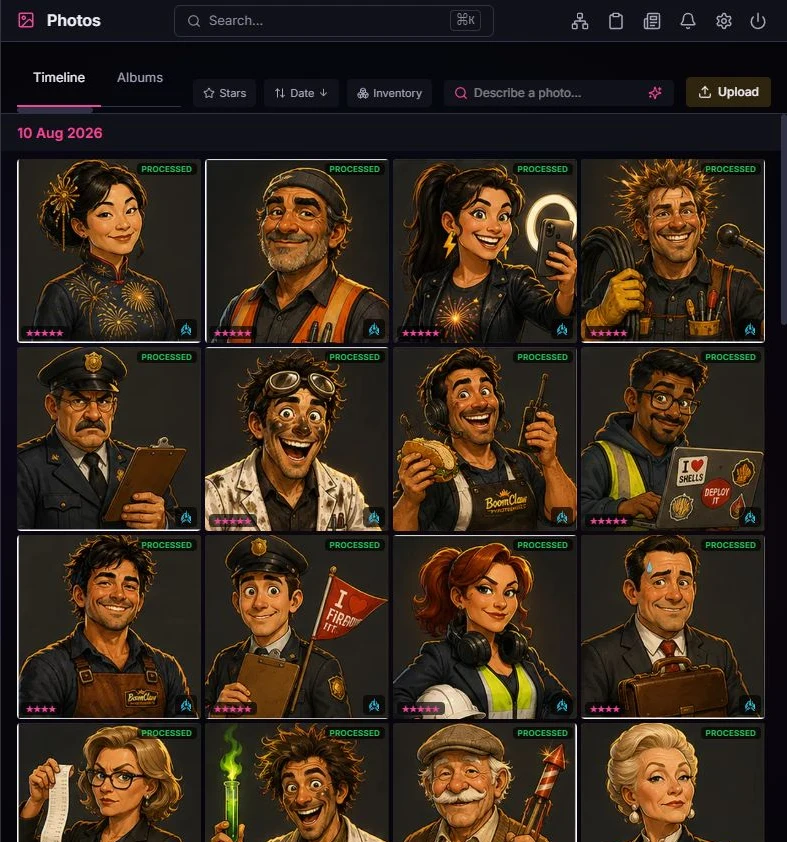 Timeline de Photos en MicelClaw con retratos de personajes ficticios generados con IA para la demostración BoomClaw.