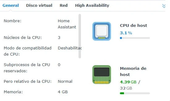 Recursos de la máquina virtual Home Assistant en Virtual Machine Manager.